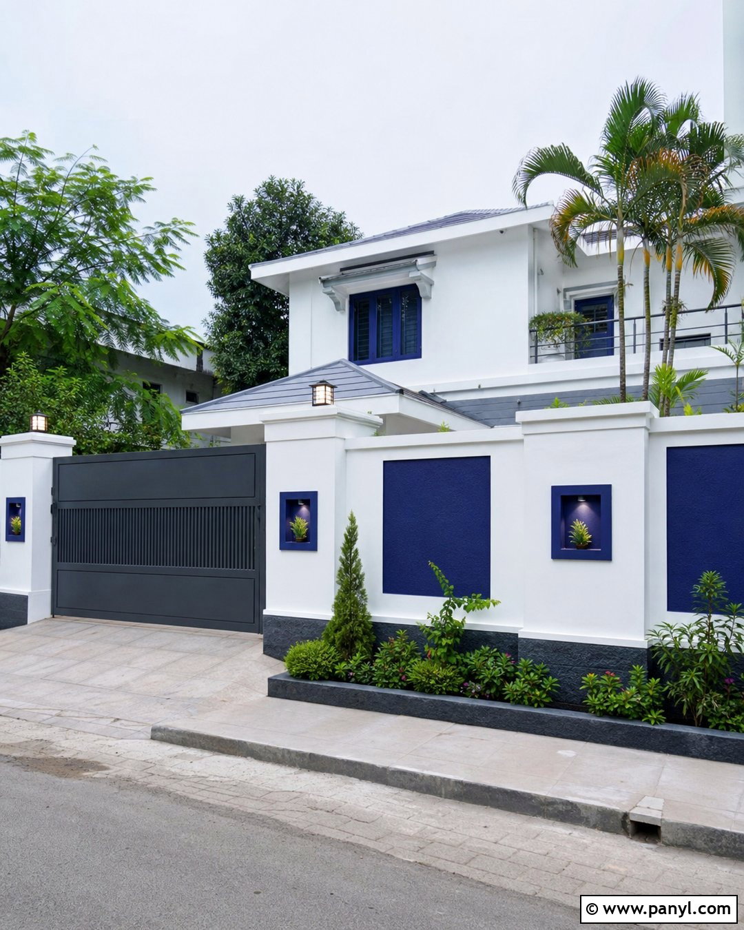 White And Cobalt Blue Compound Wall - 30 compound wall colour combinations