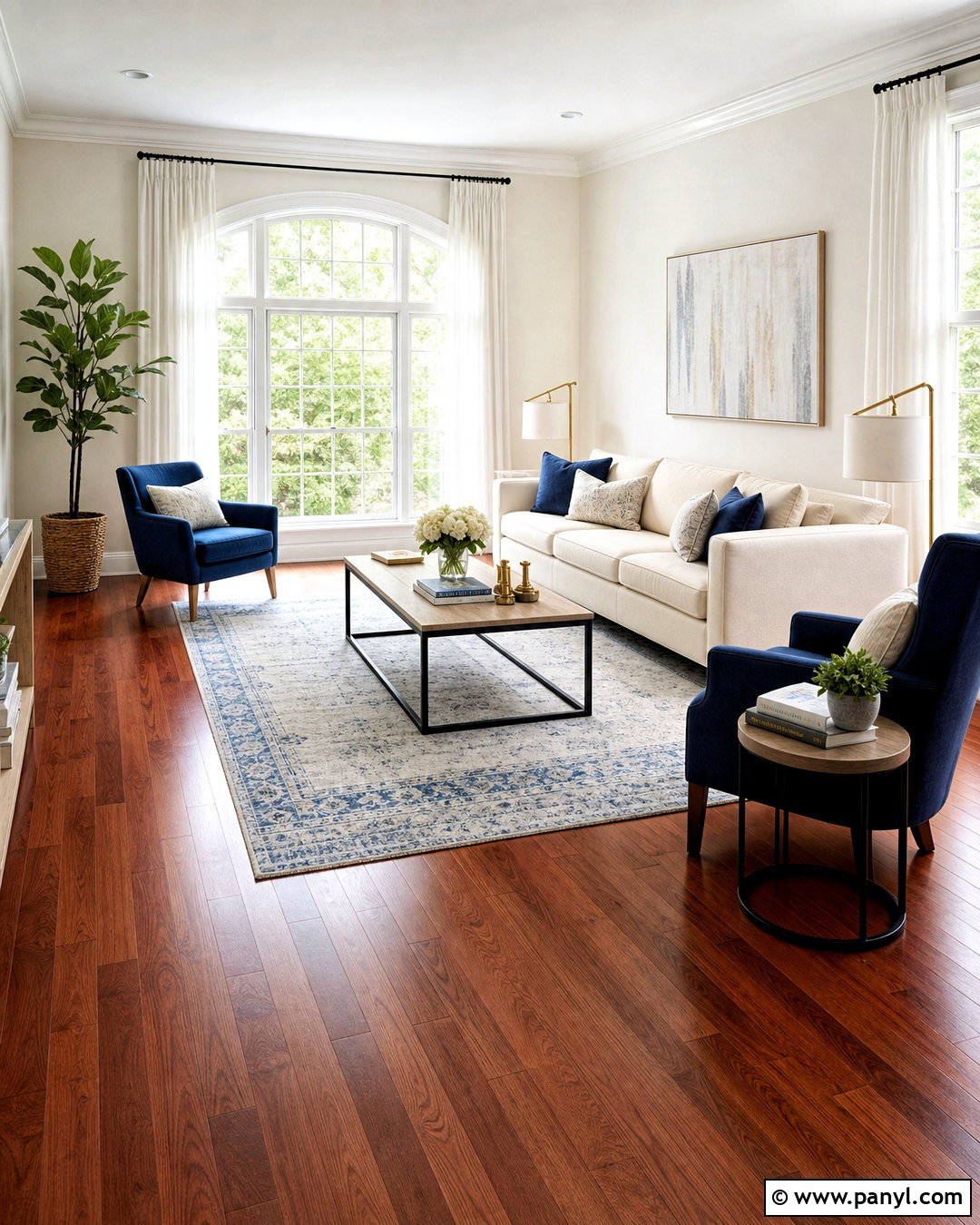 White And Cobalt Blue With Cherry Wood Floors - 20 cherry wood floors color schemes