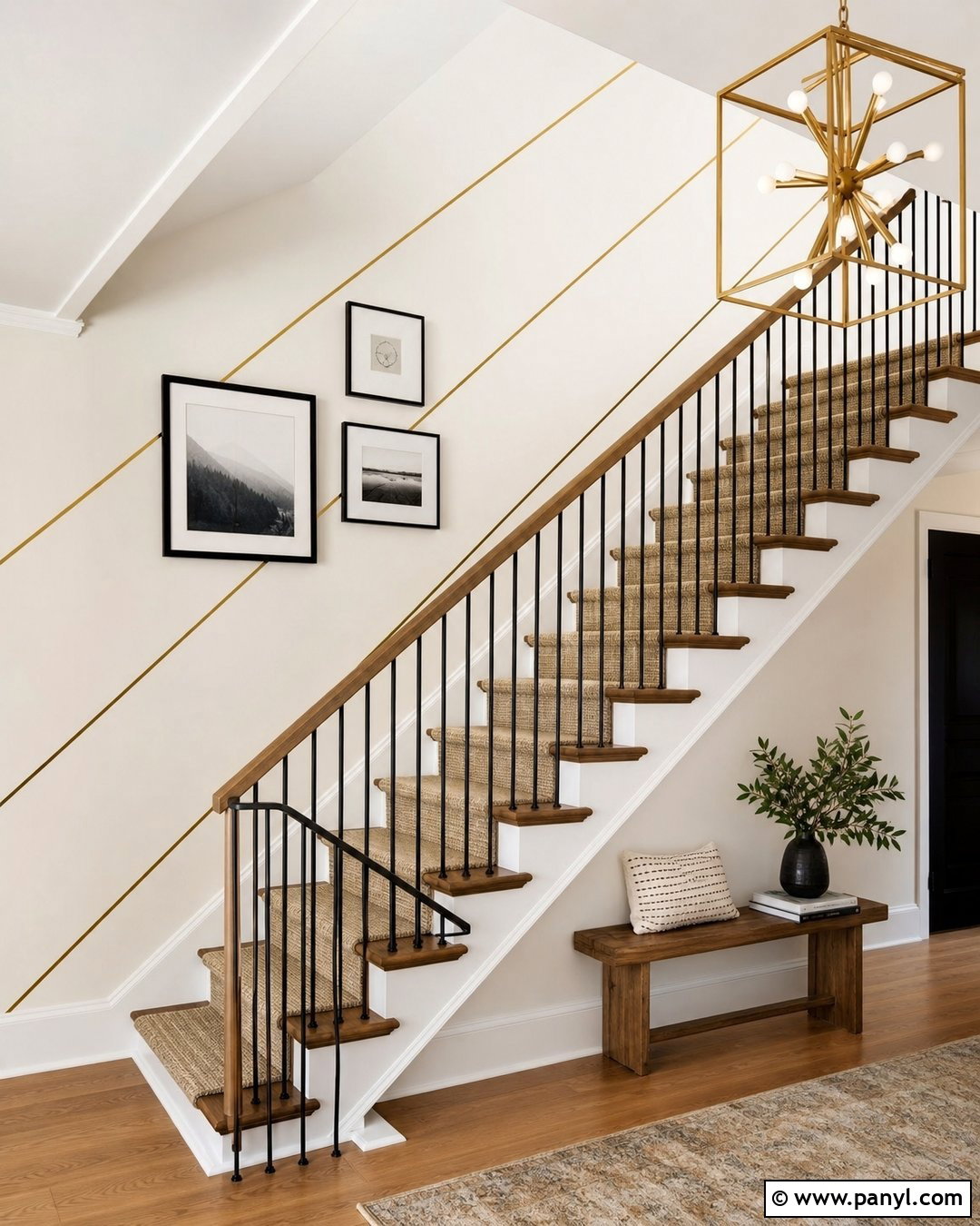 White And Gold Diagonal Stripe Staircase Wall - 35 gold stripe wall ideas