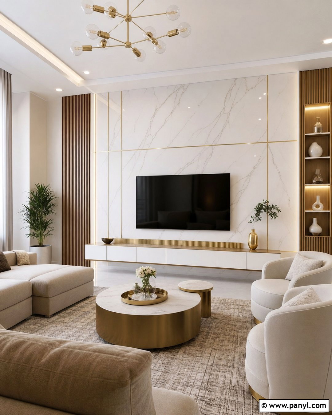 White And Gold Marble TV Wall - 30 white and gold wall ideas