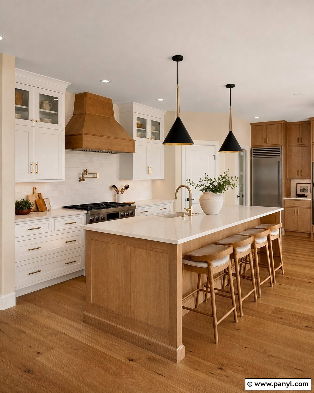 White And Oak Cabinets With Warm Beige Walls - 20 Kitchen Cabinet And Wall Paint Ideas