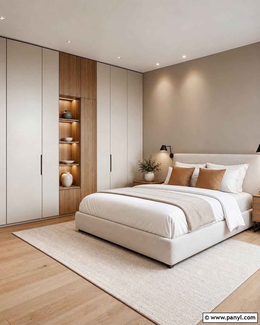 White And Wood Wardrobe With Beige Walls - 25 Wardrobe And Wall Color Combination Ideas
