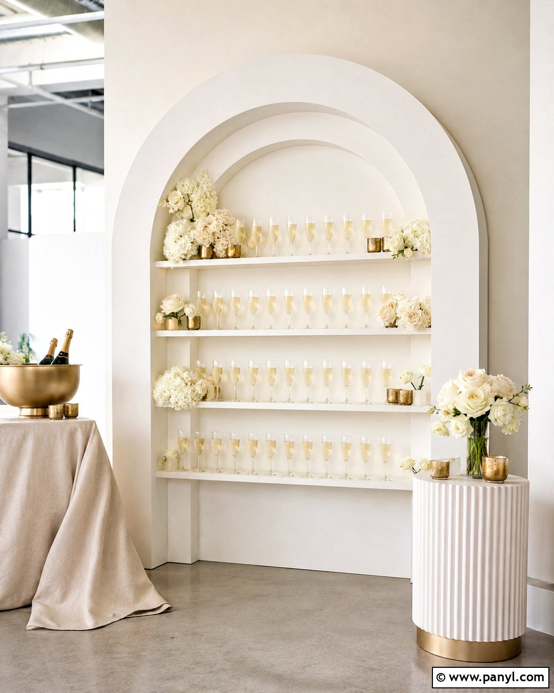 White Arched Prosecco Wall - 20 prosecco wall ideas