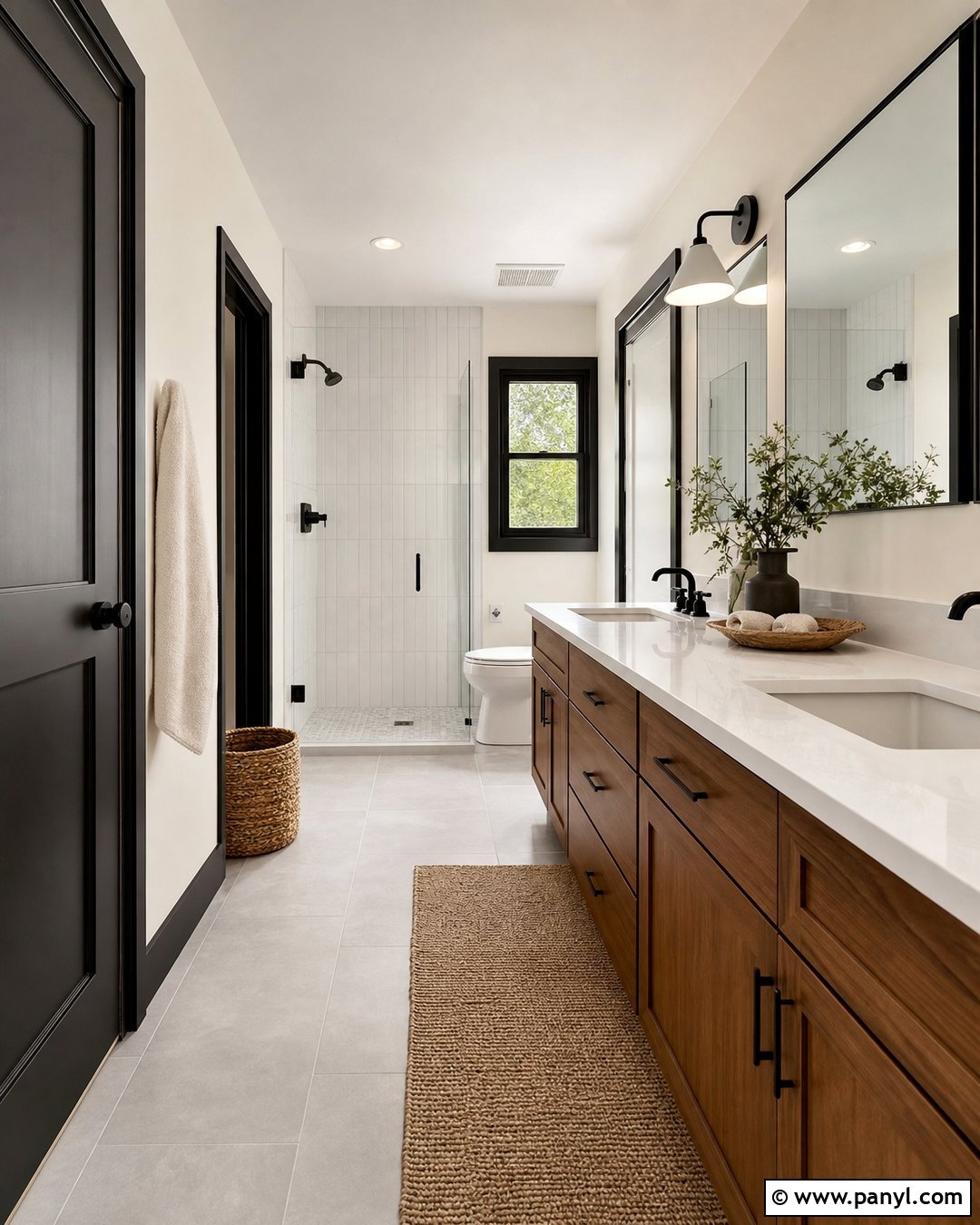 White Bathroom With Black Door And Window Trim - 25 White Wall With Black Trim Ideas