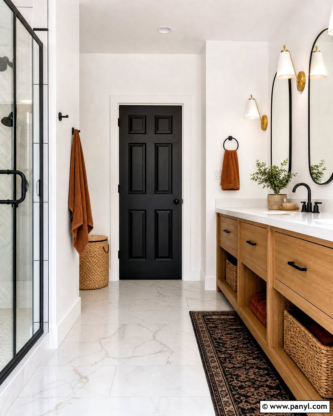 White Bathroom With Black Door - 20 white walls with black doors