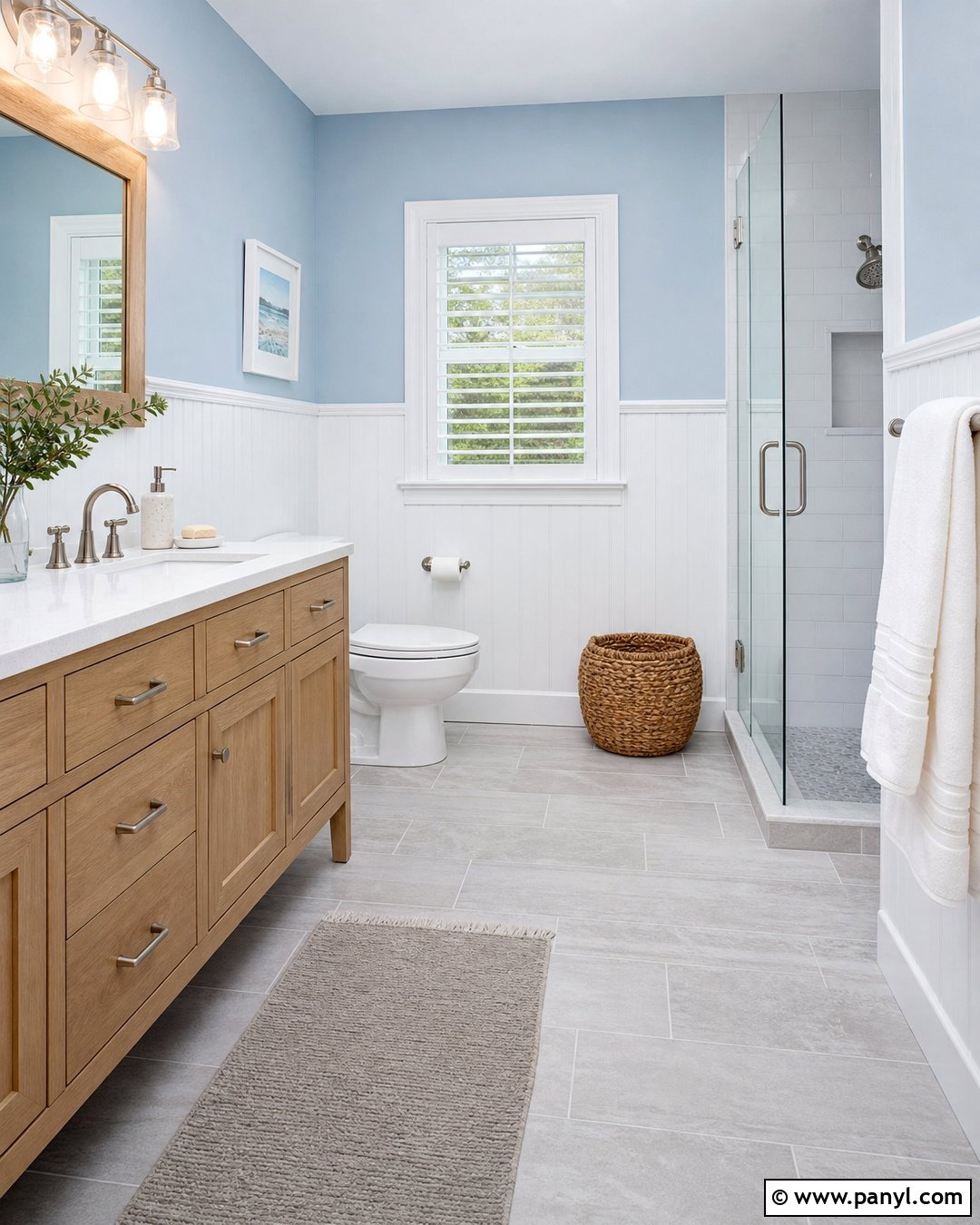 White Beadboard Half Wall With Sky Blue - 25 Half Wall Color Ideas