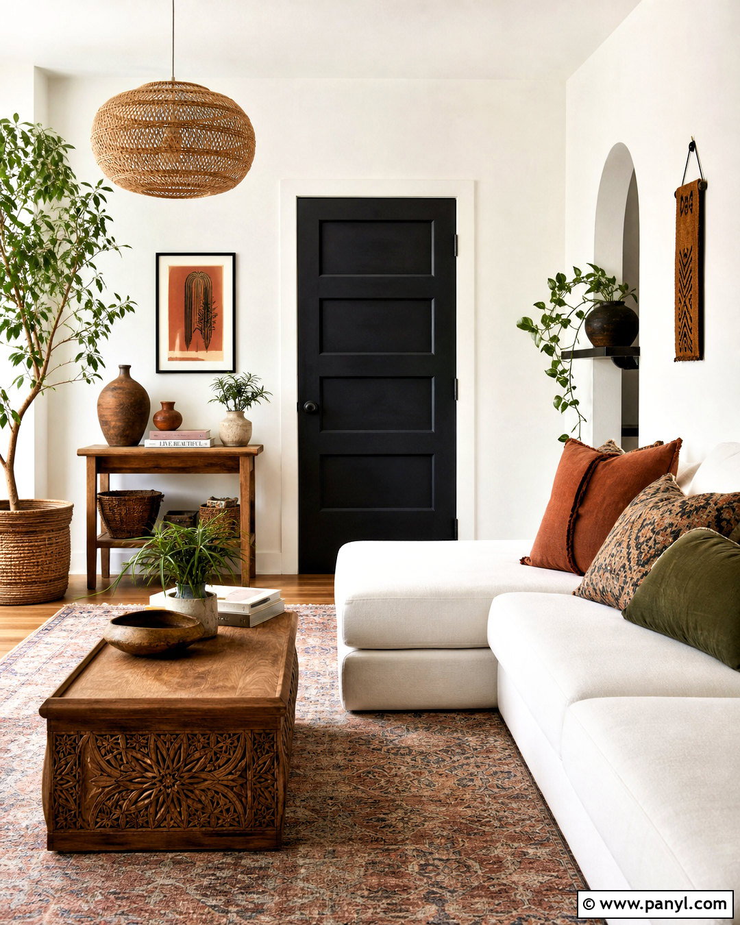 White Boho Interior With Black Doors - 20 white walls with black doors