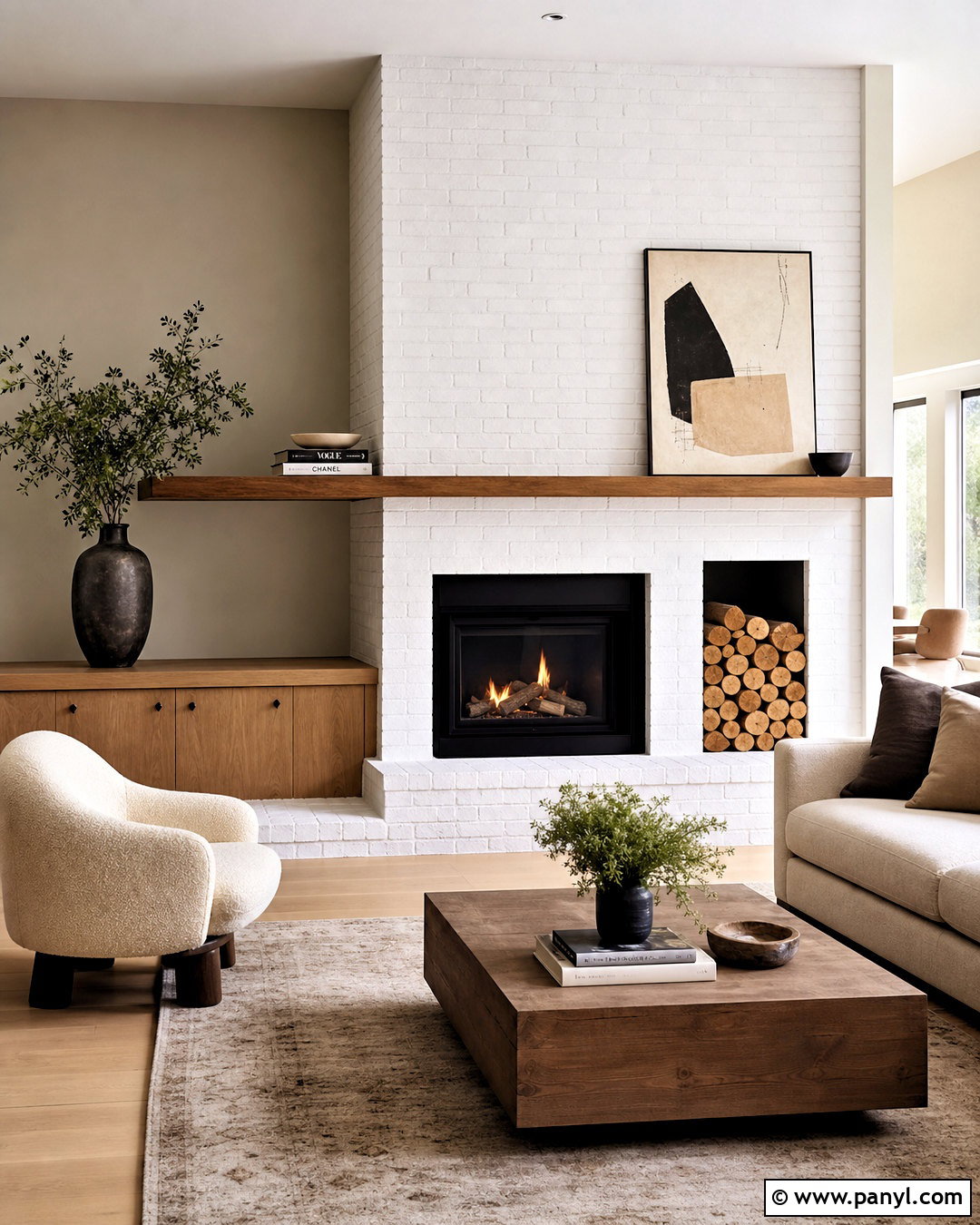 White Brick Fireplace With Asymmetrical Mantel - 20 white painted brick fireplace ideas
