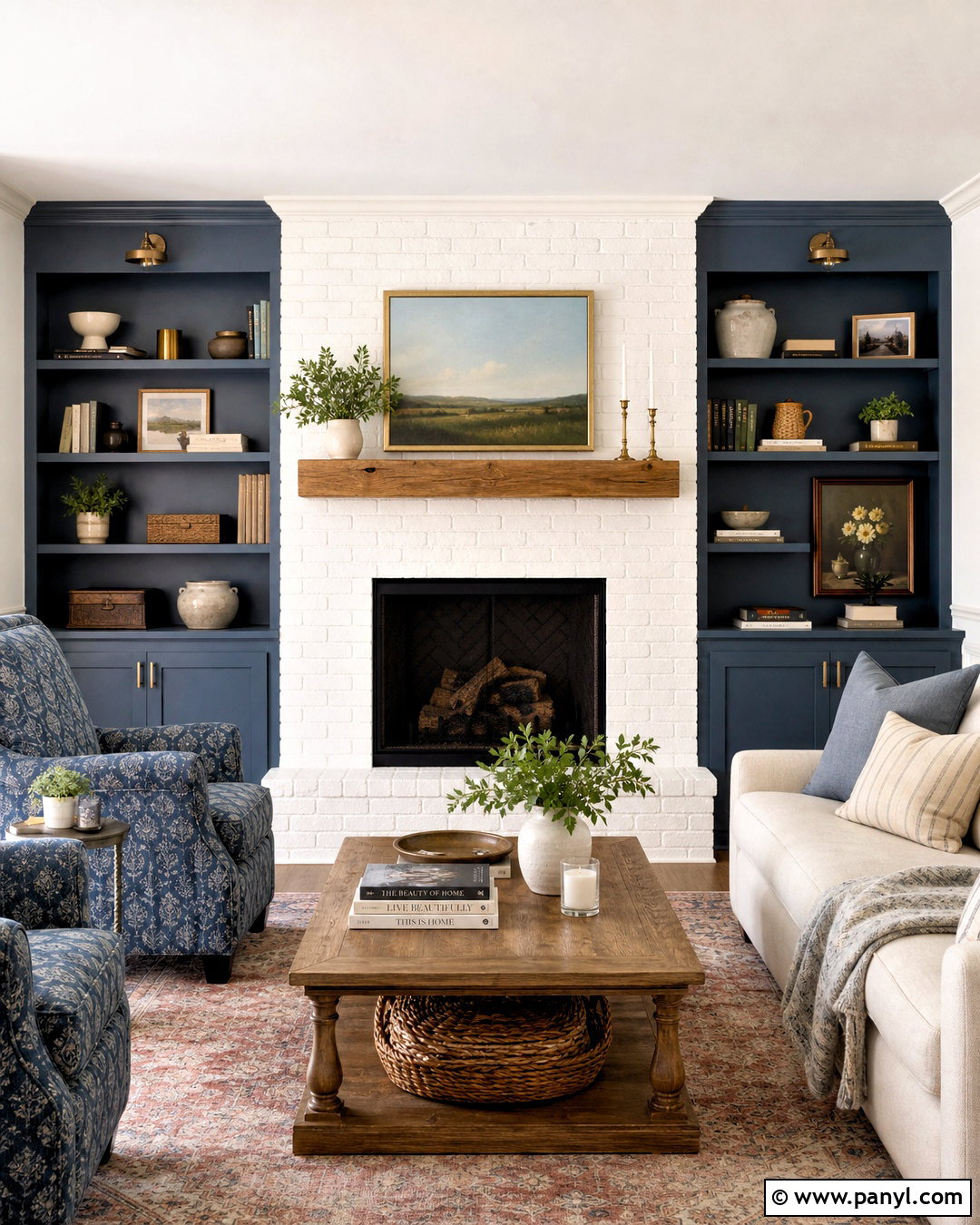 White Brick Fireplace With Blue Built-Ins - 20 white painted brick fireplace ideas