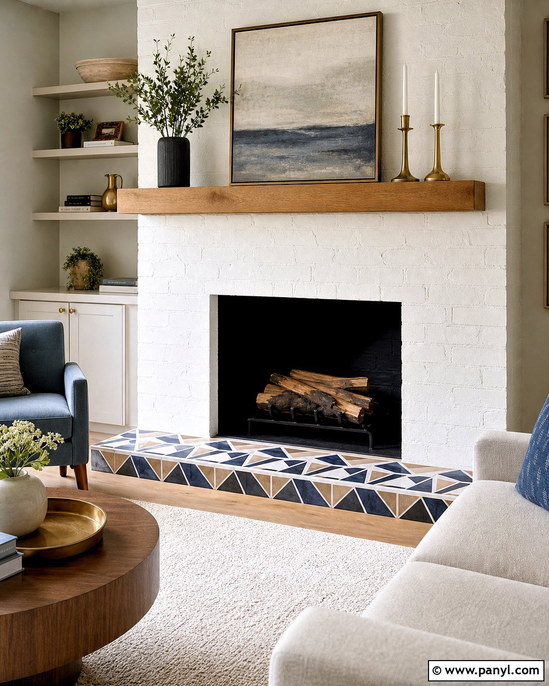White Brick Fireplace With Patterned Tile Hearth - 20 white painted brick fireplace ideas