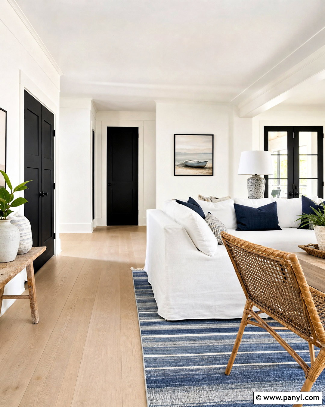 White Coastal Interior With Black Doors - 20 white walls with black doors