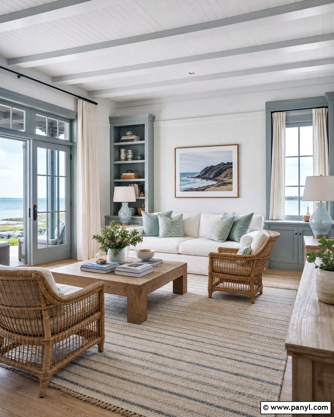 White Coastal Room With Blue Grey Trim - 30 White Walls Grey Trim Ideas