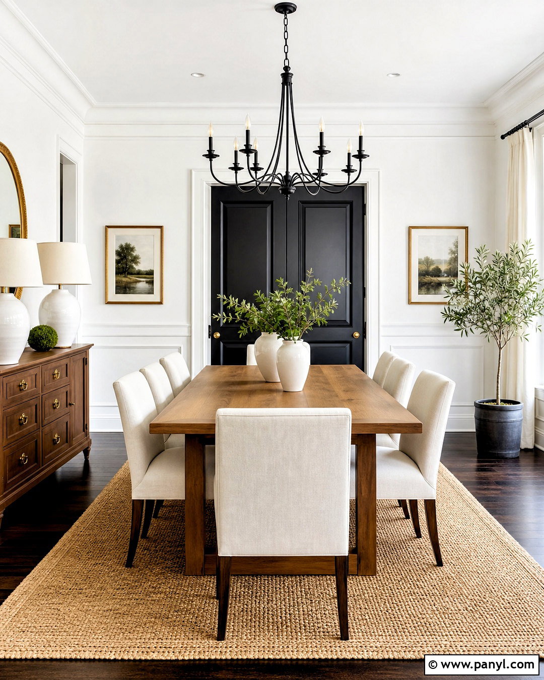 White Dining Room With Black Double Doors - 20 white walls with black doors