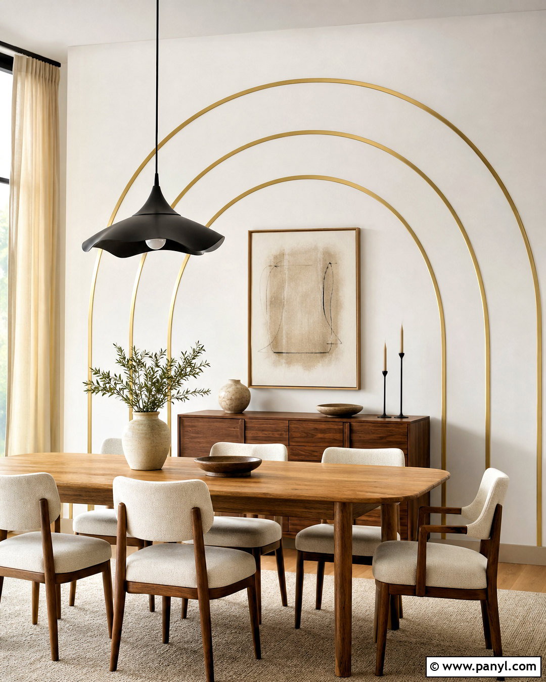 White Dining Wall With Gold Arch Strips - 20 golden strips on wall ideas