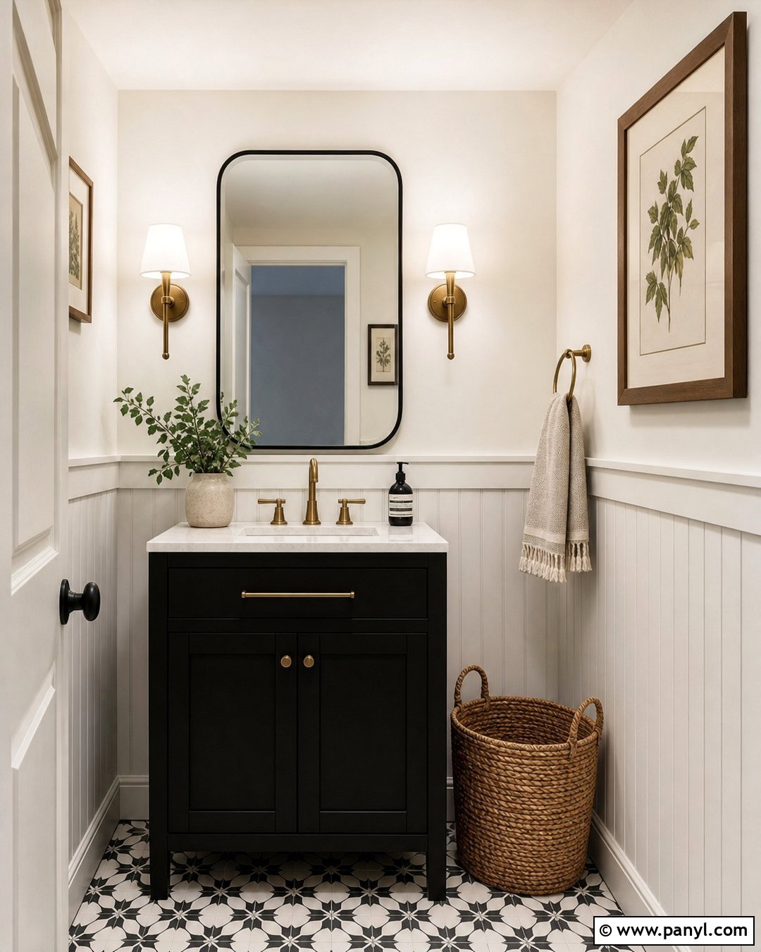 White Dove Walls In A Black Powder Room - 35 bm white dove walls