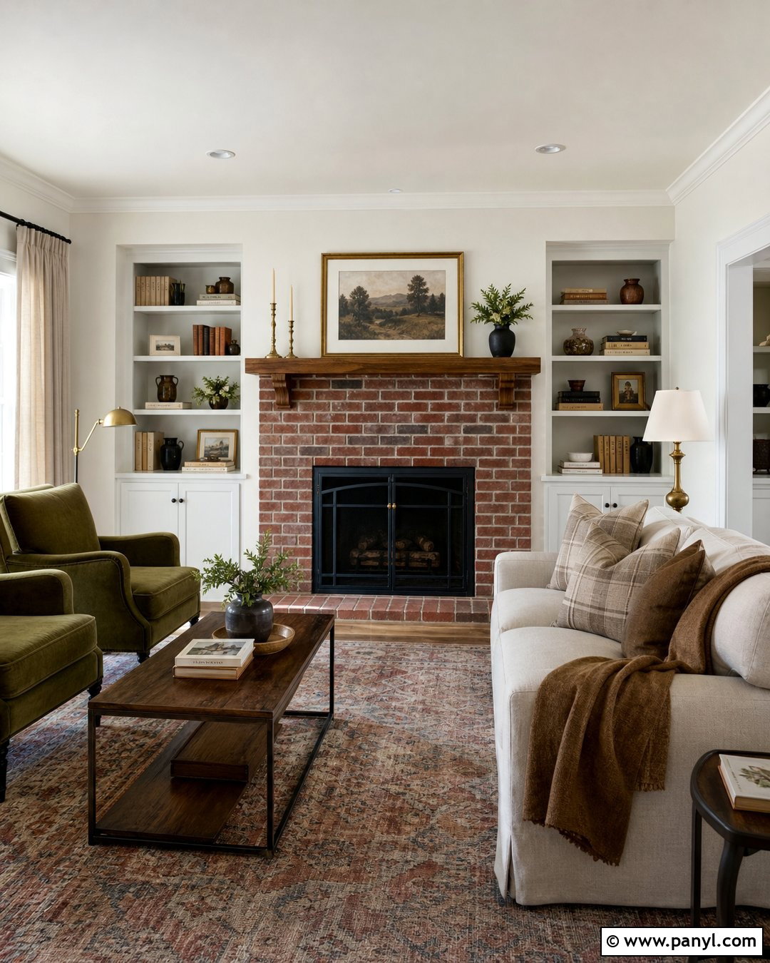 White Dove Walls With Brick Fireplace - 35 bm white dove walls