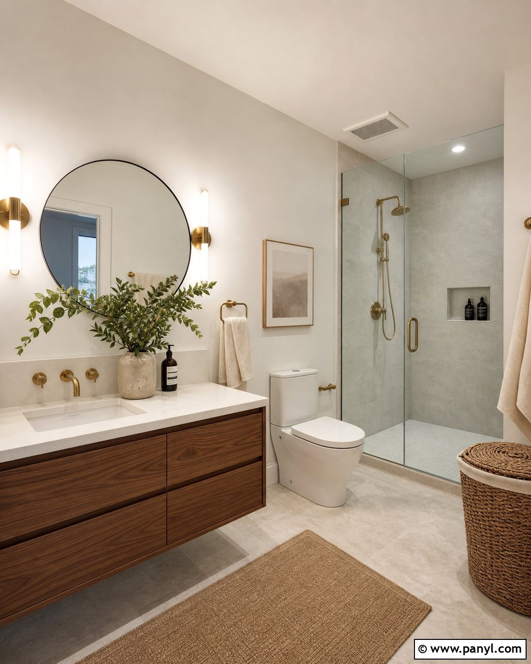 White Dove Walls With Walnut Vanity - 35 bm white dove walls