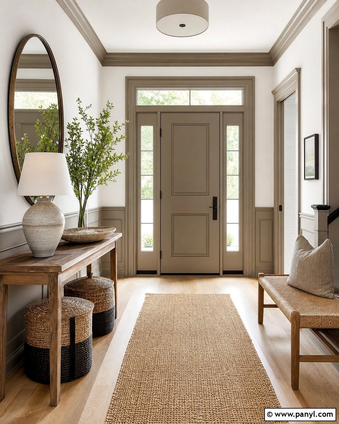 White Entryway With Greige Trim - 30 White Walls Grey Trim Ideas