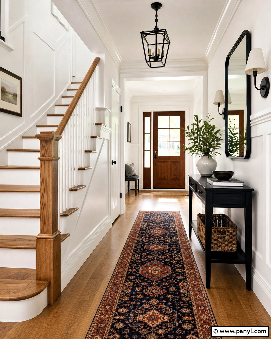 White Entryway With Wood Stair Trim - 20 white walls with wood trim ideas