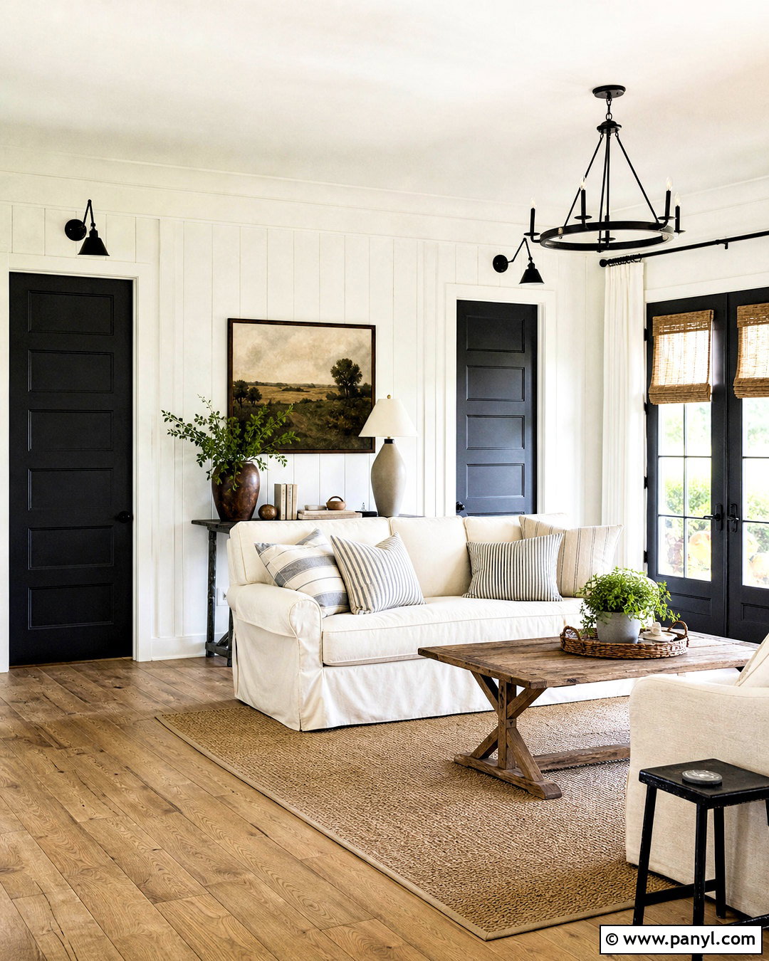 White Farmhouse Interior With Black Doors - 20 white walls with black doors