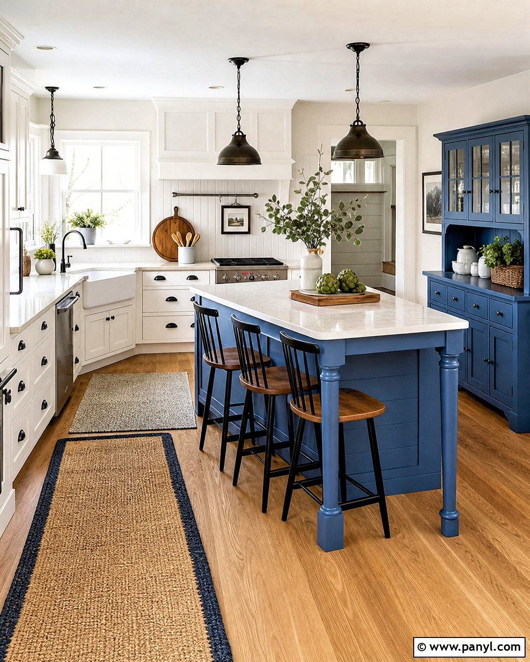 White Farmhouse Kitchen With Slate Blue Accents - 20 white kitchen with blue accents