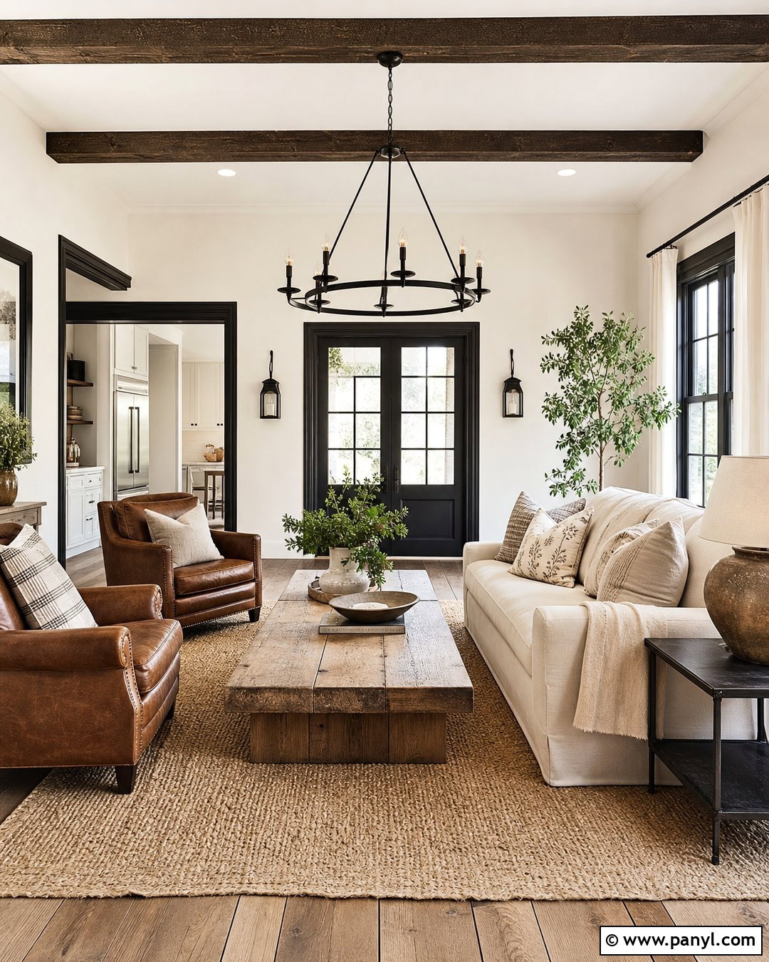 White Farmhouse Living Room With Black Trim - 25 White Wall With Black Trim Ideas