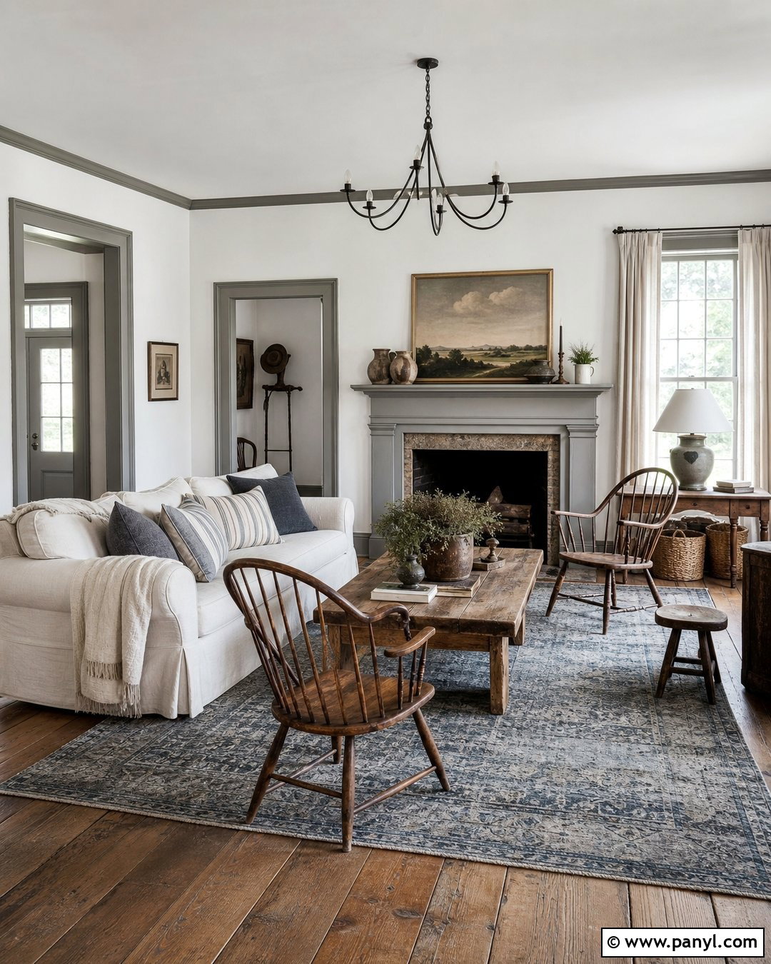 White Farmhouse Room With Grey Trim - 30 White Walls Grey Trim Ideas