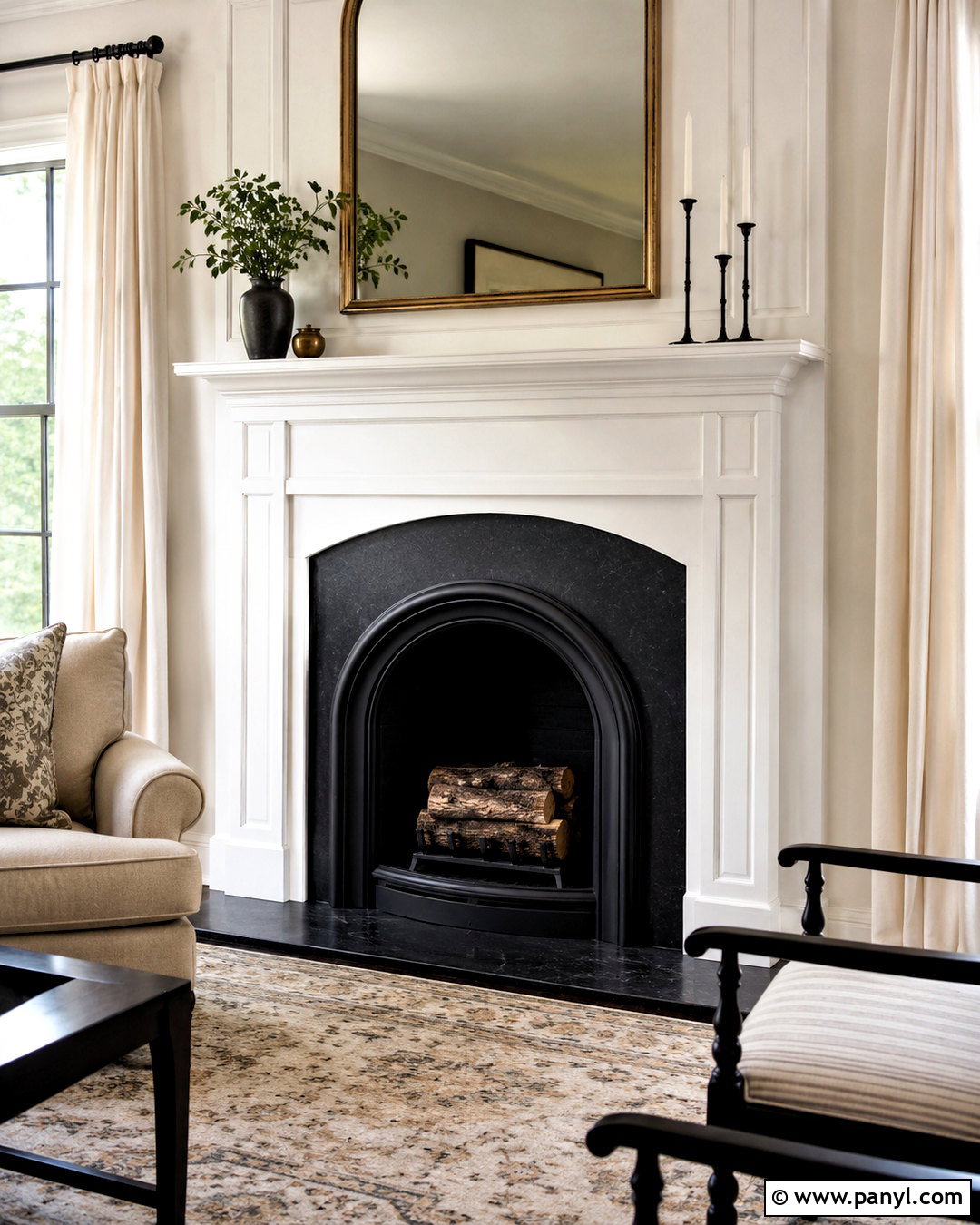 White Fireplace And Black Arched Insert - 20 black and white fireplace ideas