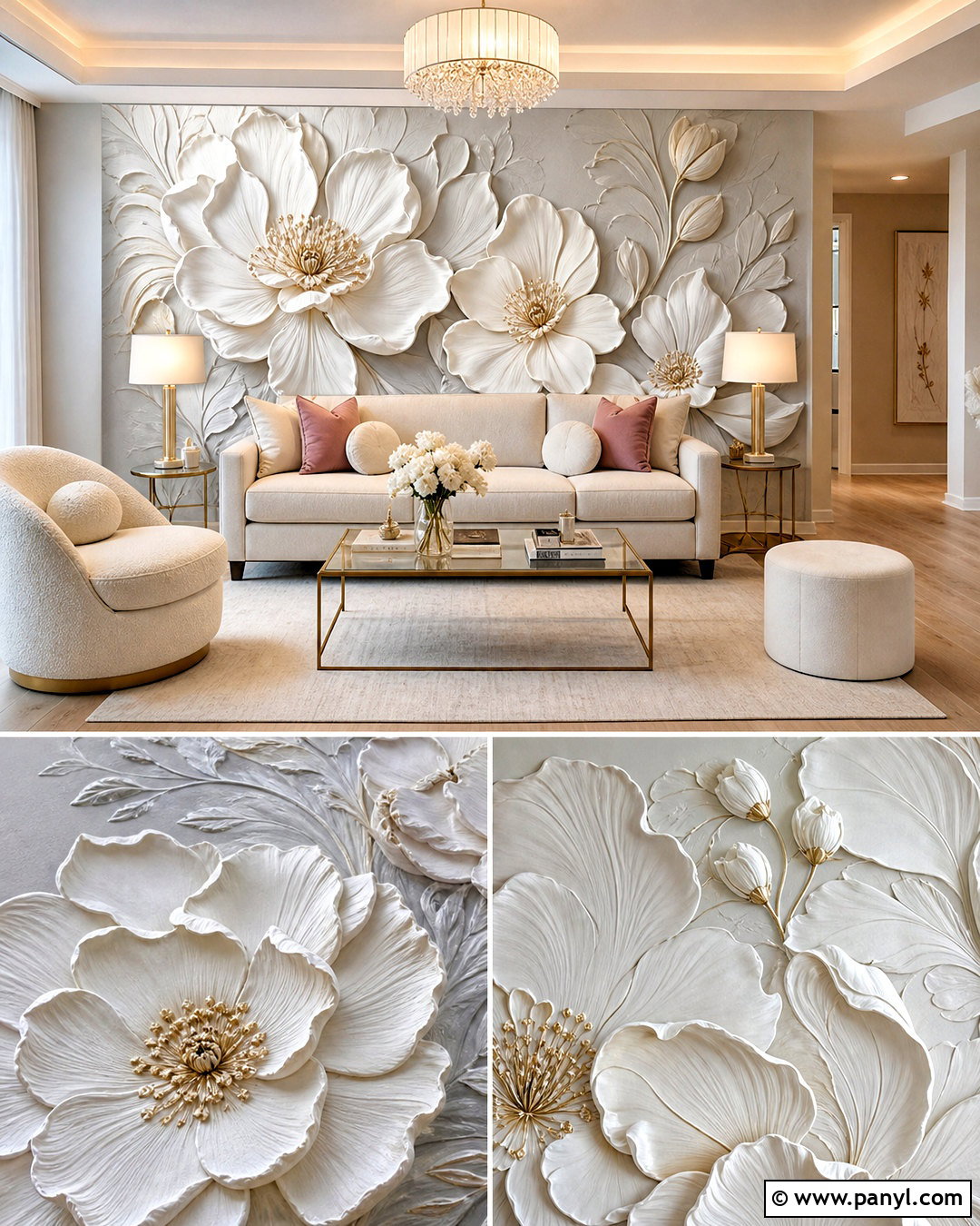 White Floral 3D Wall Painting - 20 3d wall painting ideas living rooms