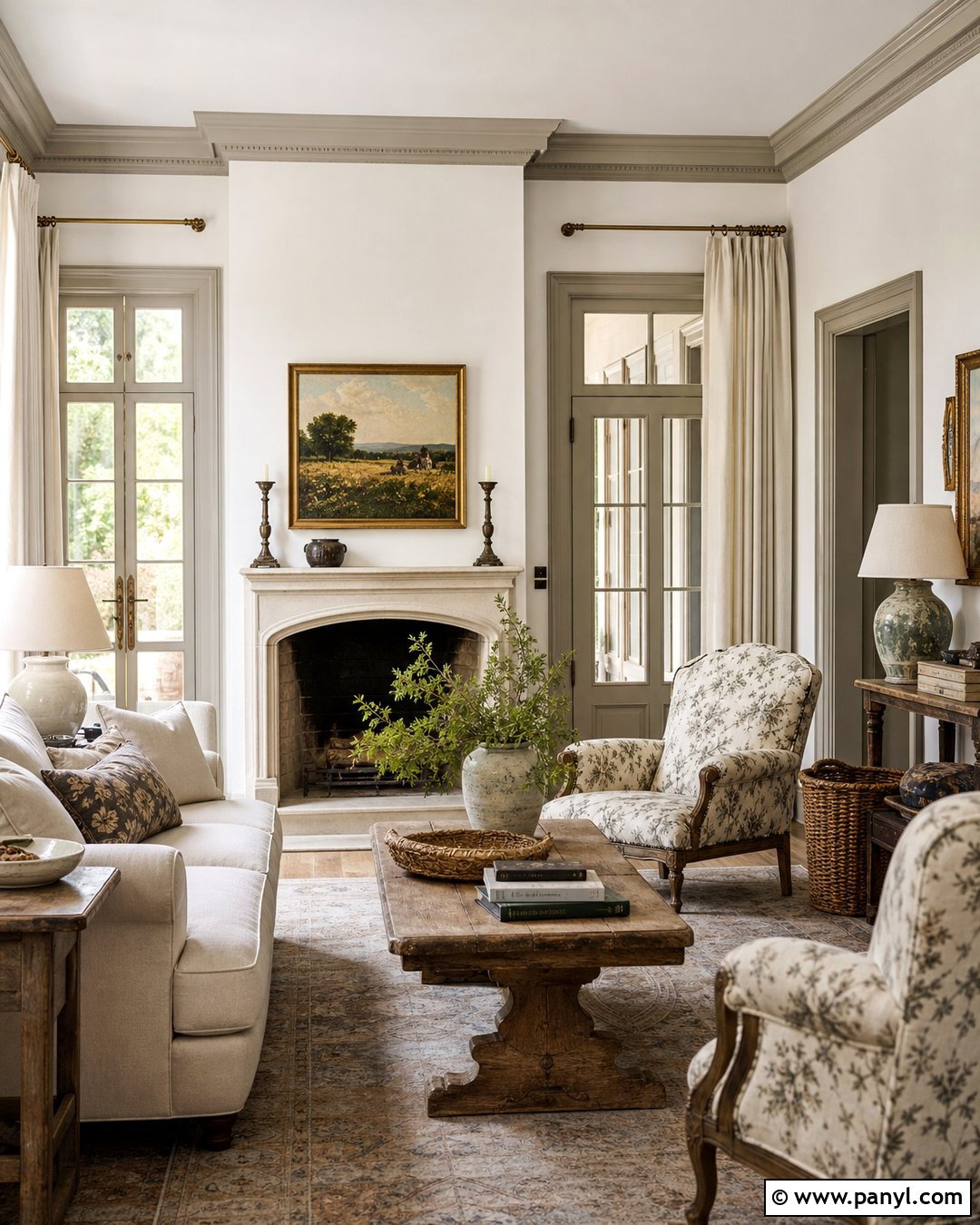 White French Country Room With Grey Trim - 30 White Walls Grey Trim Ideas