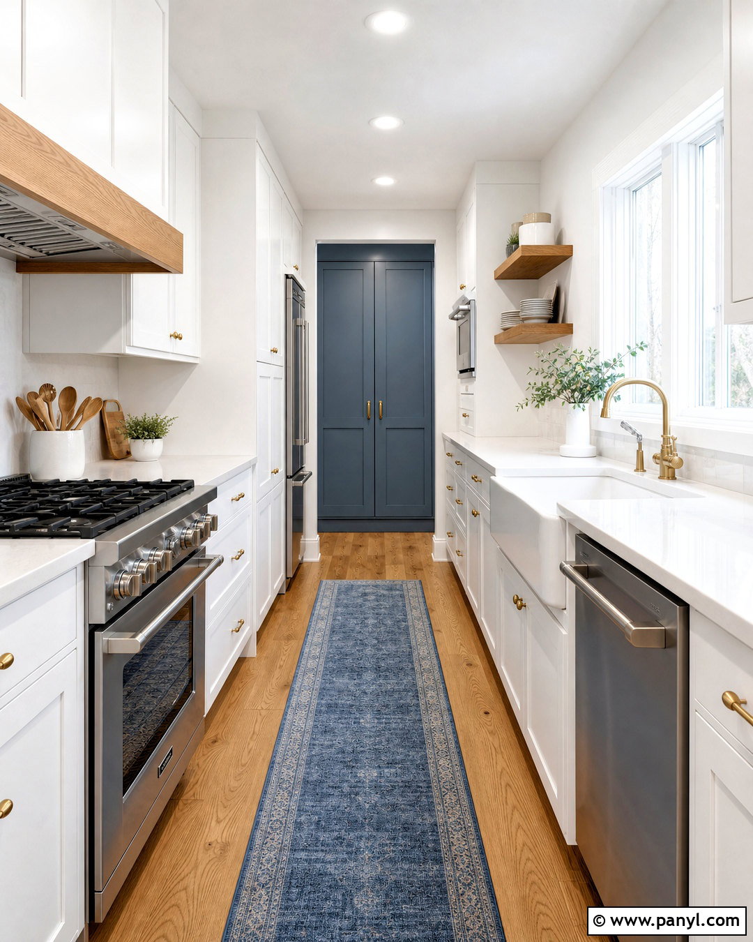 White Galley Kitchen With Blue Accents - 20 white kitchen with blue accents