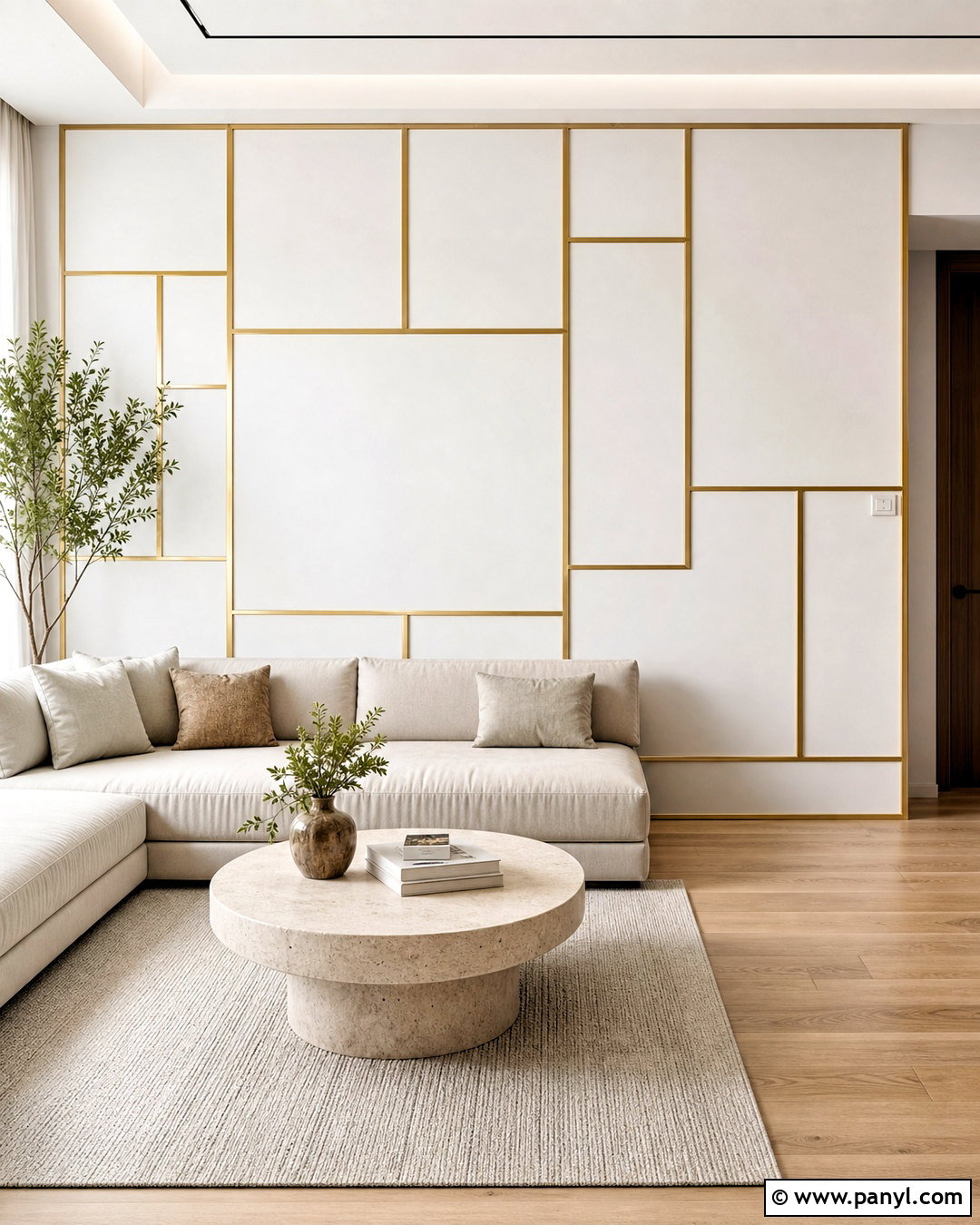 White Geometric Golden Strip Wall - 20 golden strip wall design ideas