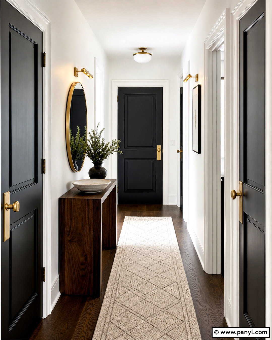 White Hallway With Black Doors And Brass Hardware - 20 white hallway black doors