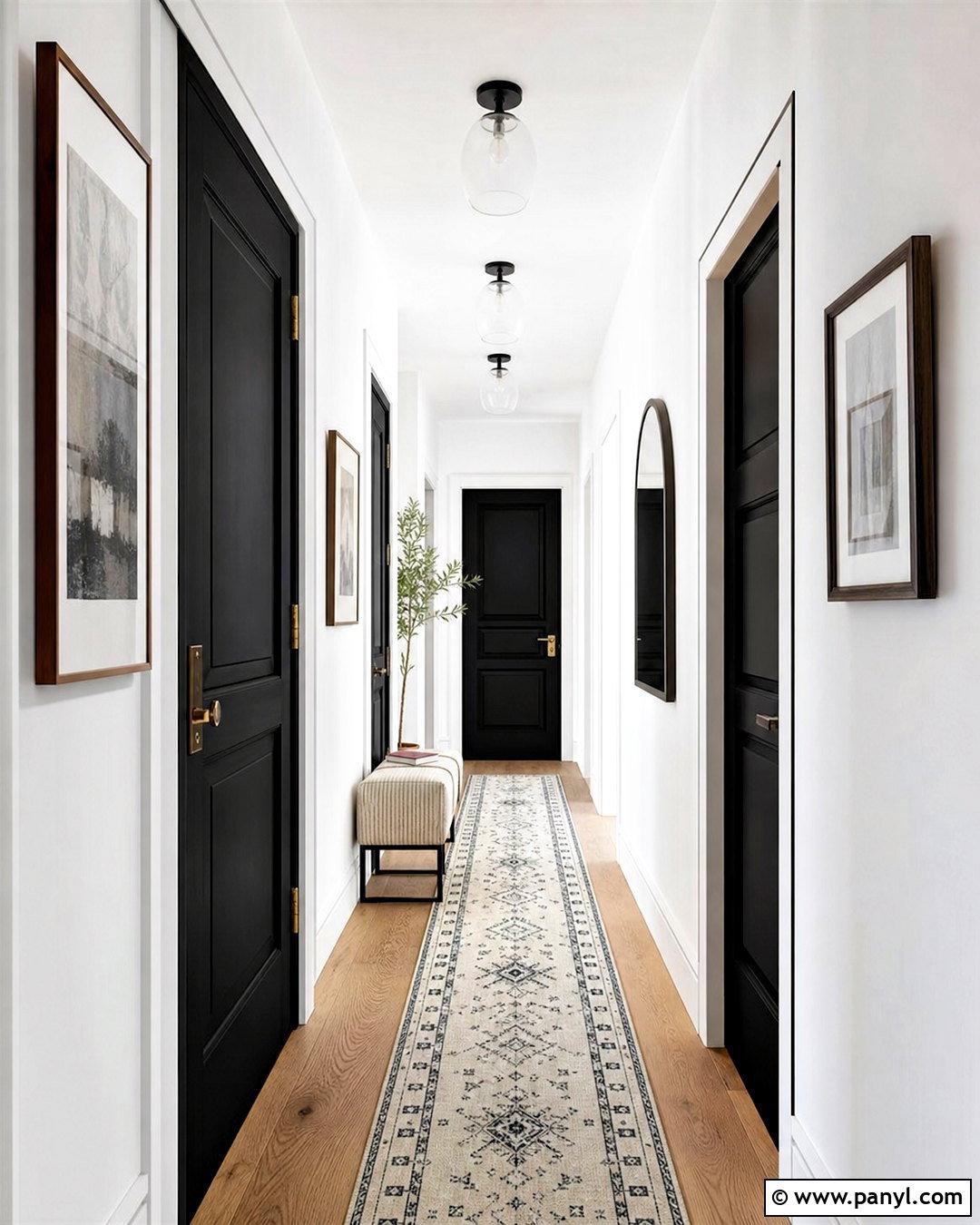 White Hallway With Black Doors And Runner - 20 white hallway black doors