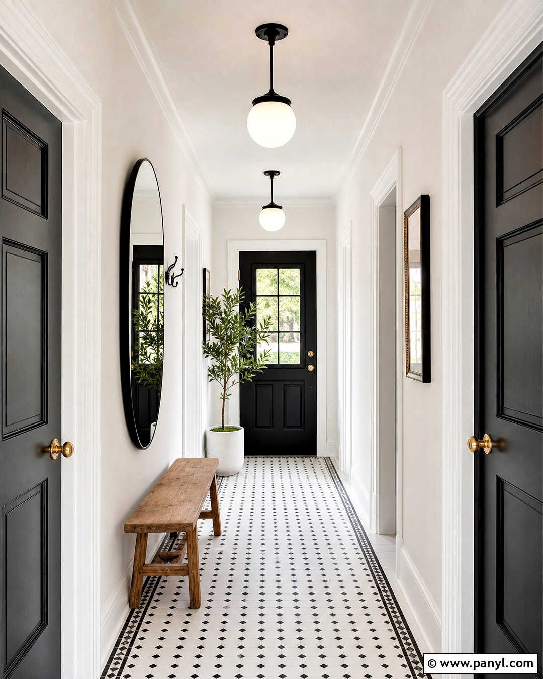 White Hallway With Black Doors And Tile Floor - 20 white hallway black doors