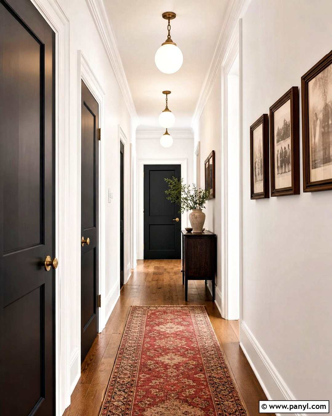 White Hallway With Black Doors And Wood Floors - 20 white hallway black doors