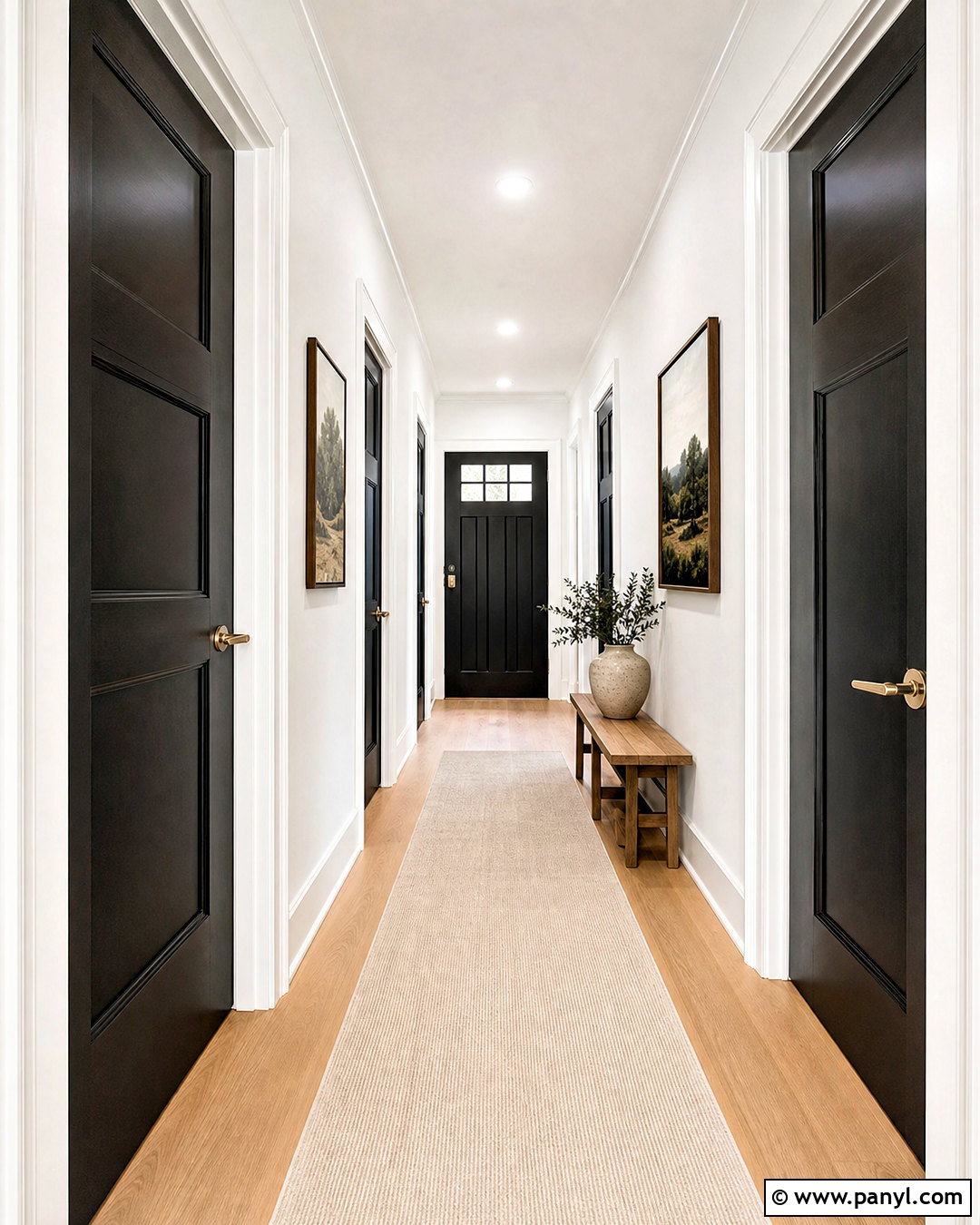 White Hallway With Black Doors - 20 white walls with black doors