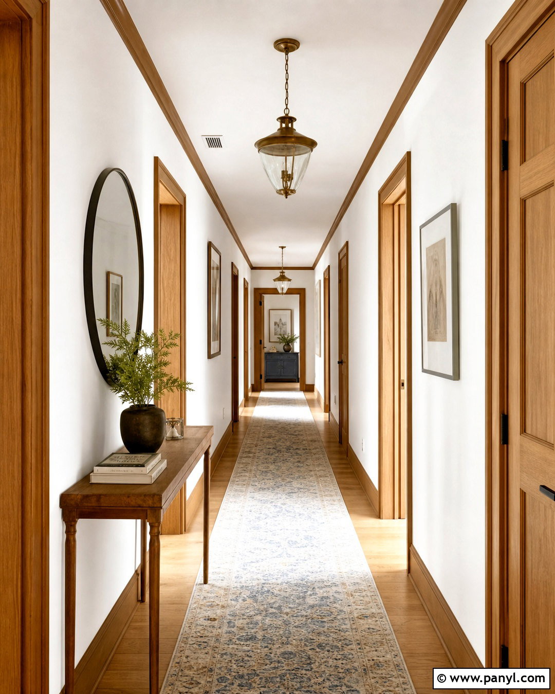 White Hallway With Natural Wood Doors - 20 white walls with wood trim ideas