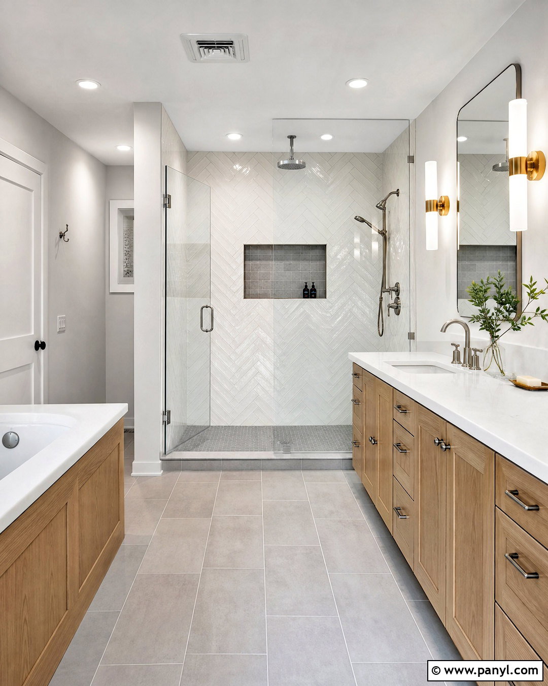White Herringbone And Gray Floor Bathroom Tile Combination - 20 tiles combination for bathroom ideas