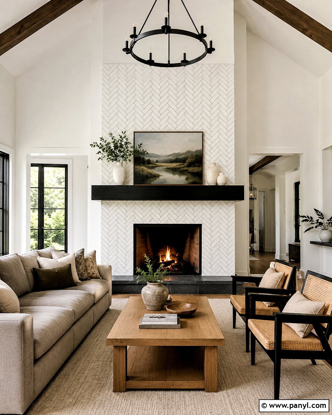 White Herringbone Tile And Black Mantel Fireplace - 20 black and white fireplace ideas