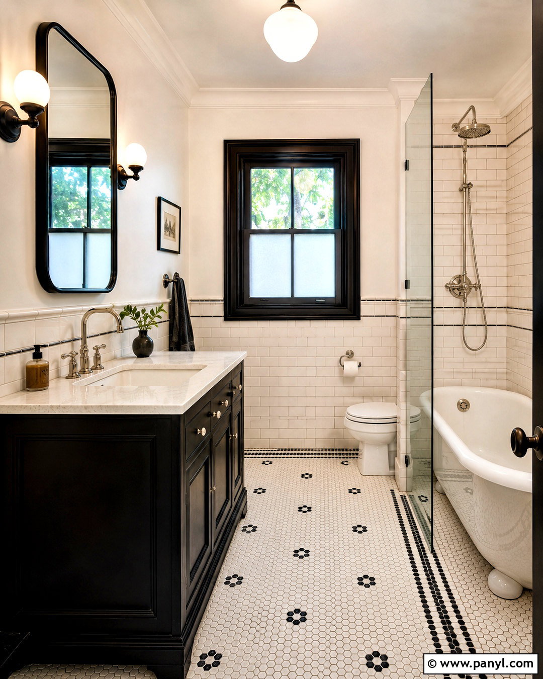 White Hexagon Bathroom Tile With Black Accents - 20 black and white bathroom tile ideas