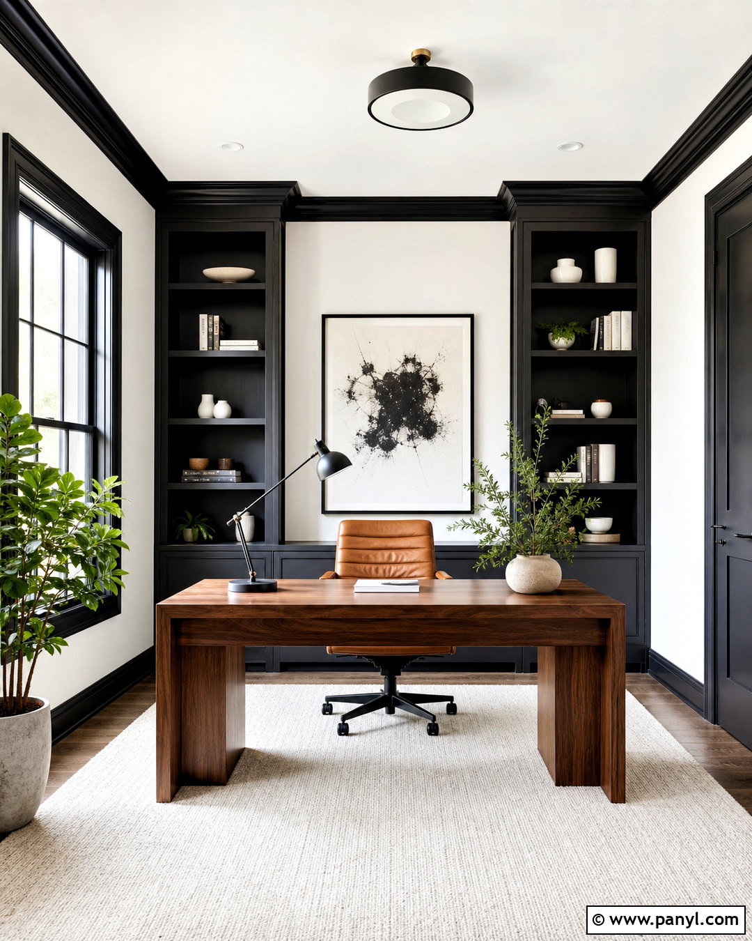 White Home Office With Black Built-In Trim - 20 white room black trim ideas