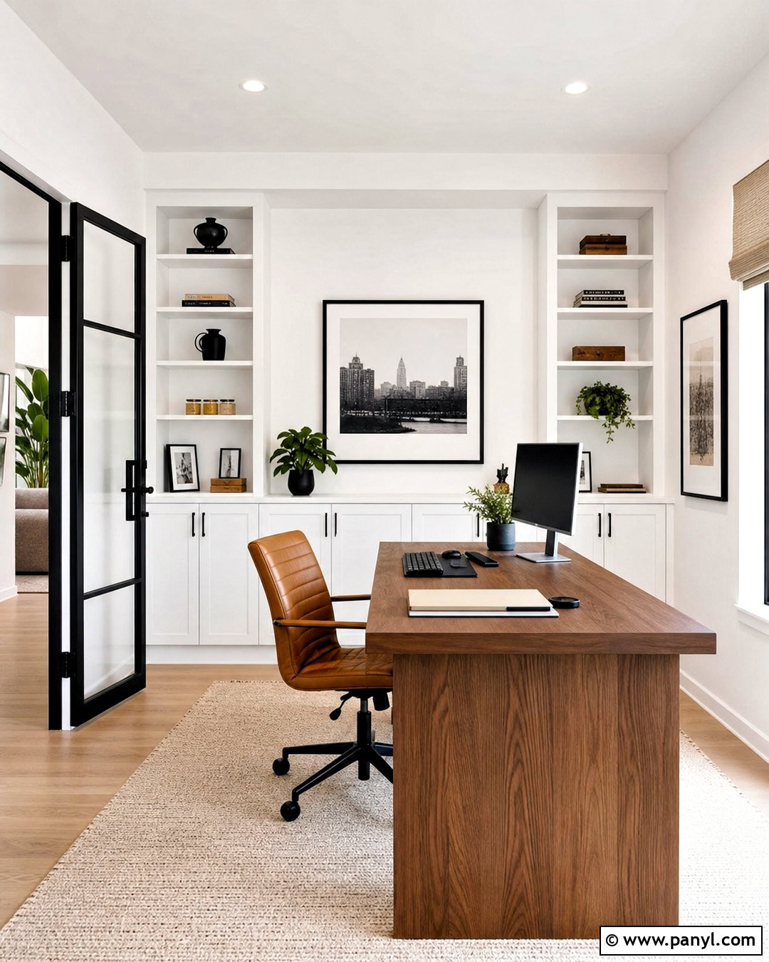 White Home Office With Black Glass Door - 20 white walls with black doors