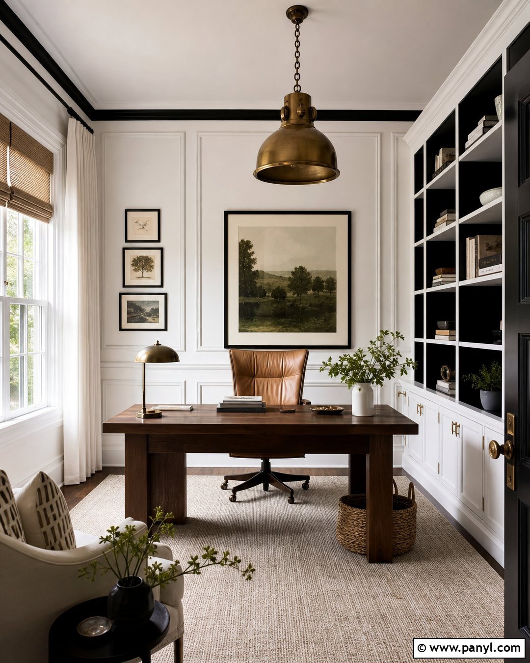 White Home Office With Black Picture Frame Molding - 25 White Wall With Black Trim Ideas