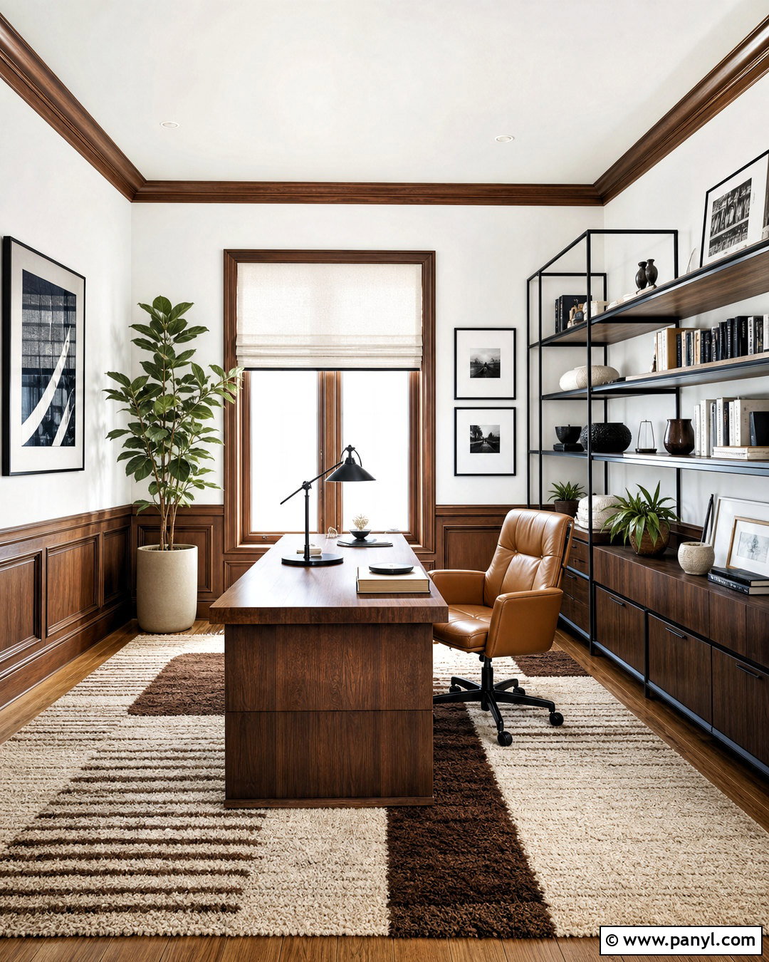 White Home Office With Walnut Trim - 20 white walls with wood trim ideas