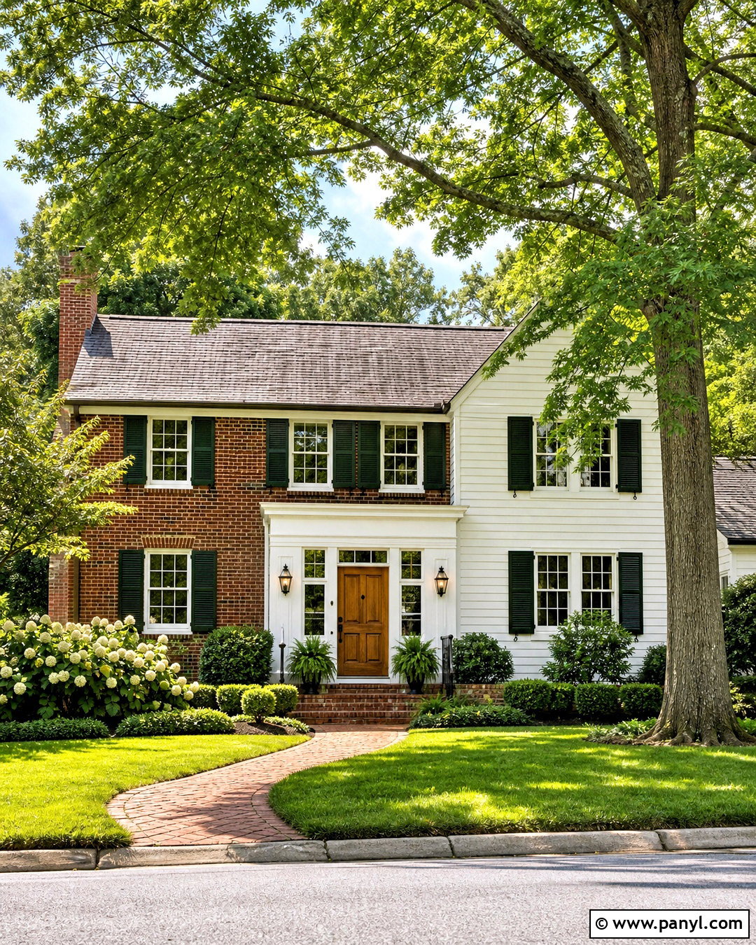 White House With Red Brick and Green Shutters - 20 white house with red brick ideas
