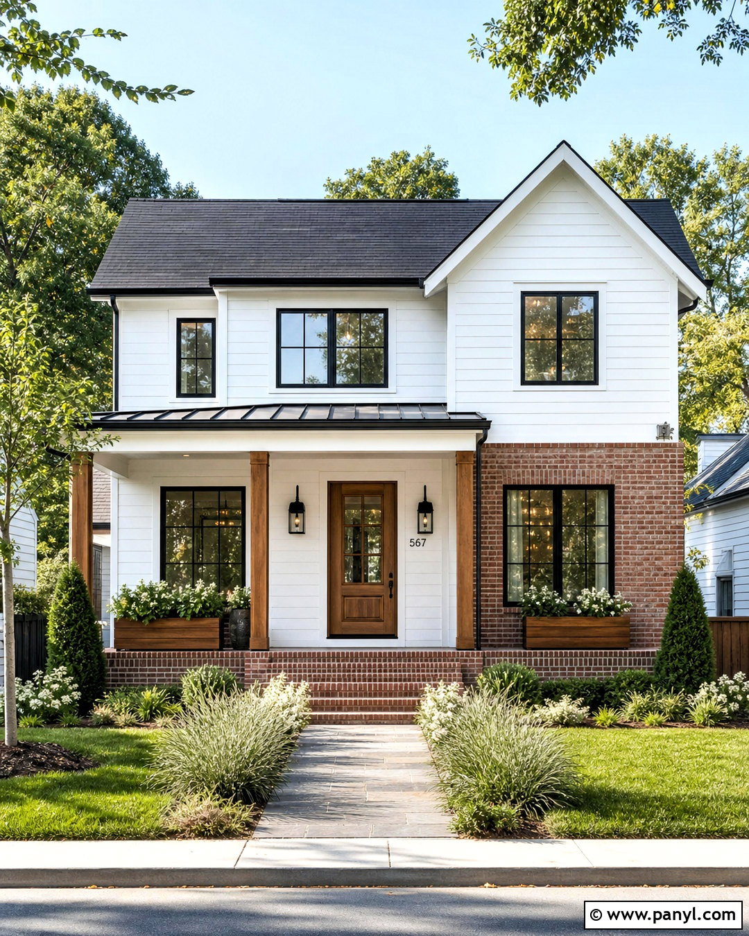White House With Red Brick and Wood Door - 20 white house with red brick ideas
