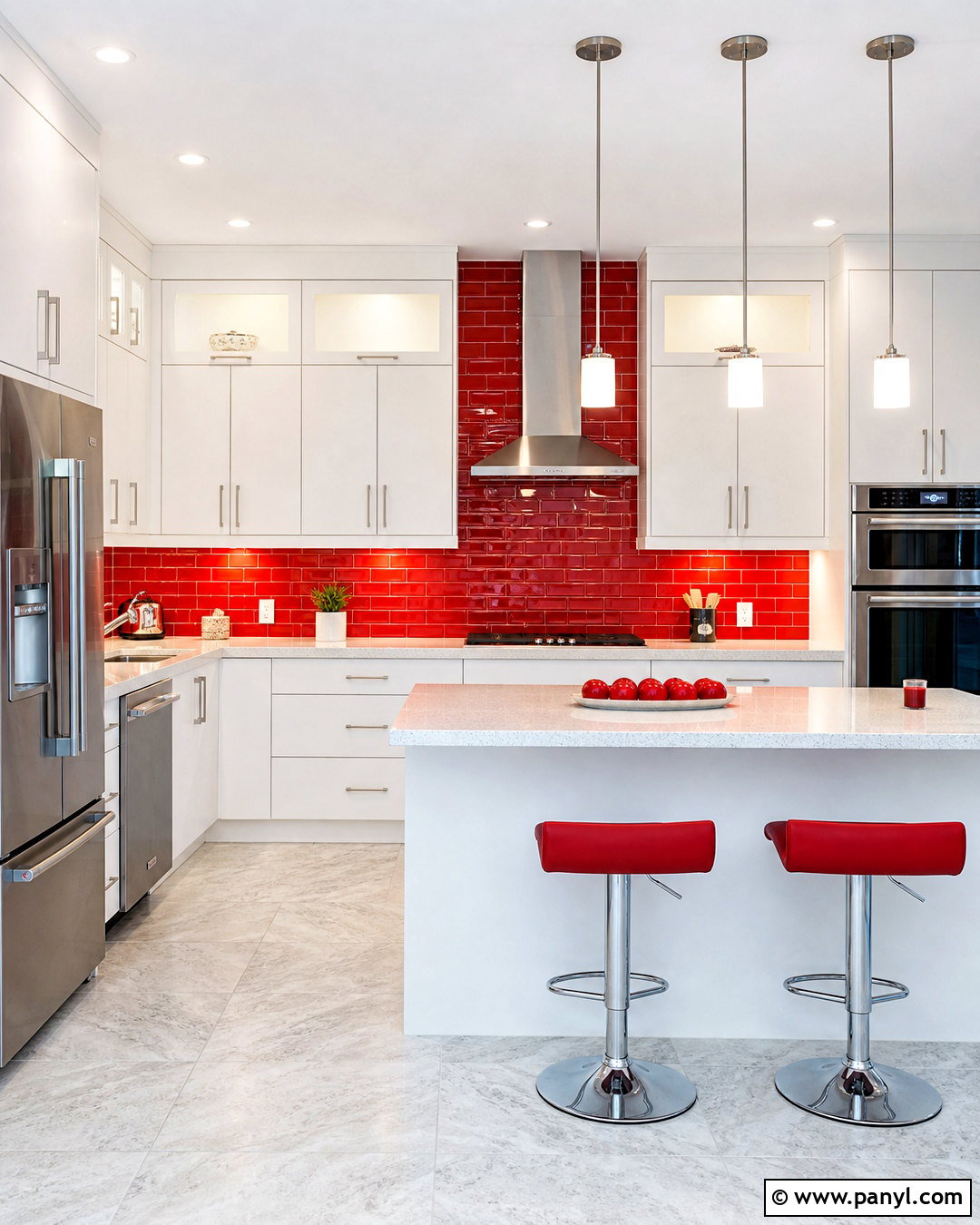 White Kitchen With A Red Tile Backsplash - 20 red and white kitchen ideas