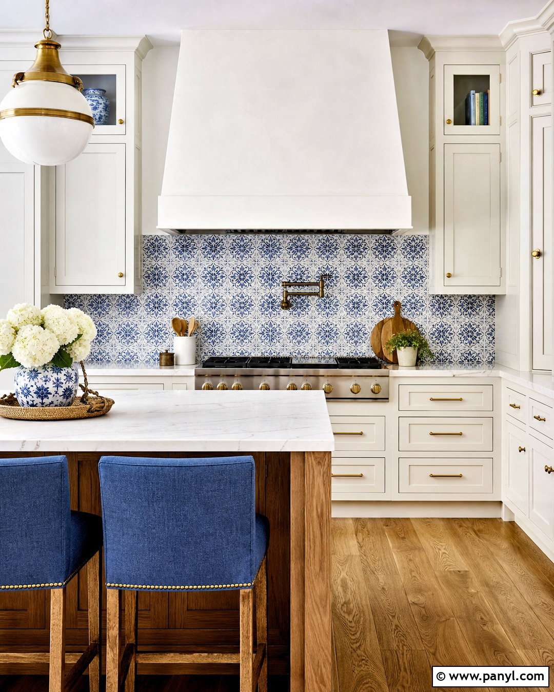 White Kitchen With Blue Patterned Backsplash - 20 white kitchen with blue accents