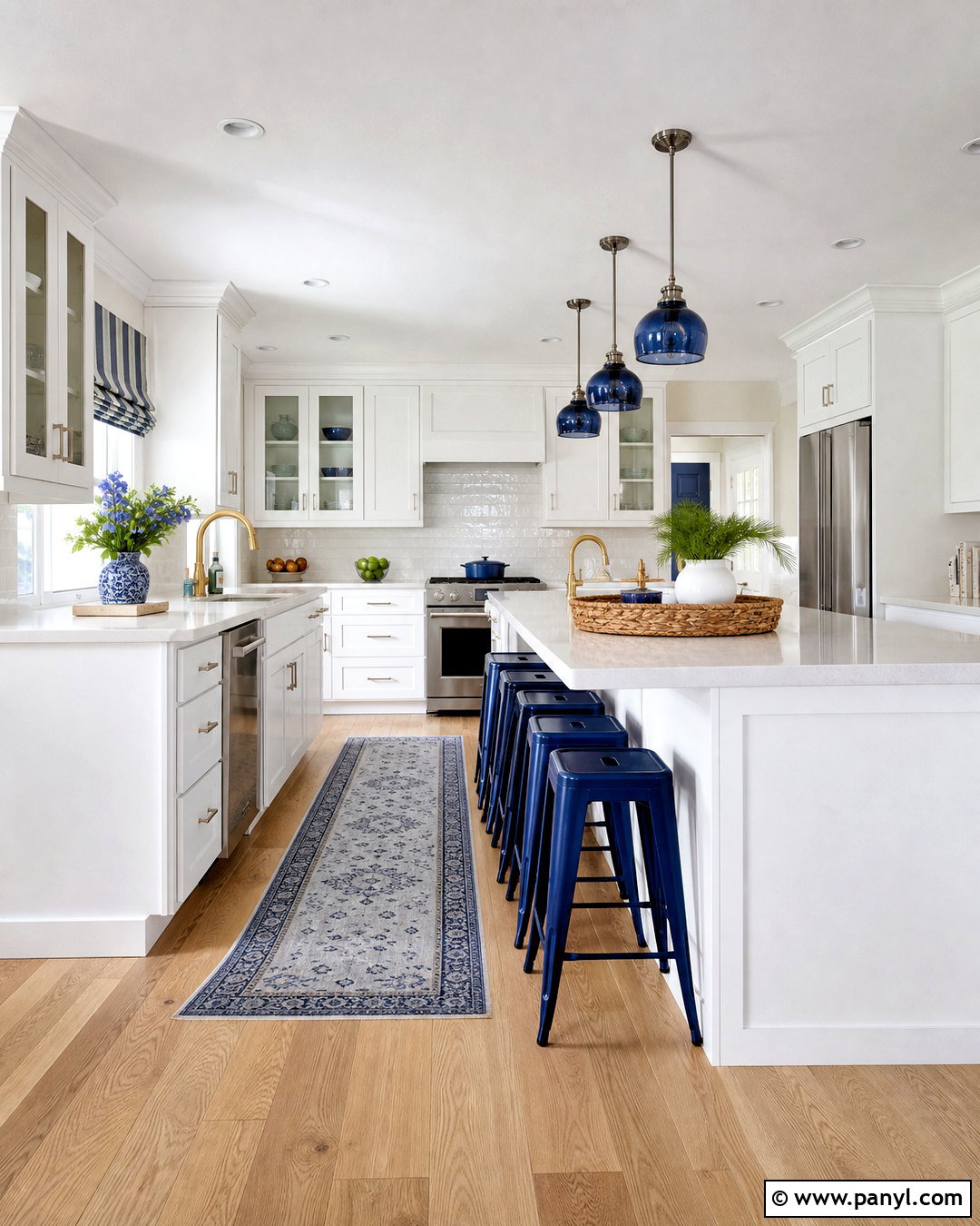 White Kitchen With Blue Stools And Pendants - 20 white kitchen with blue accents